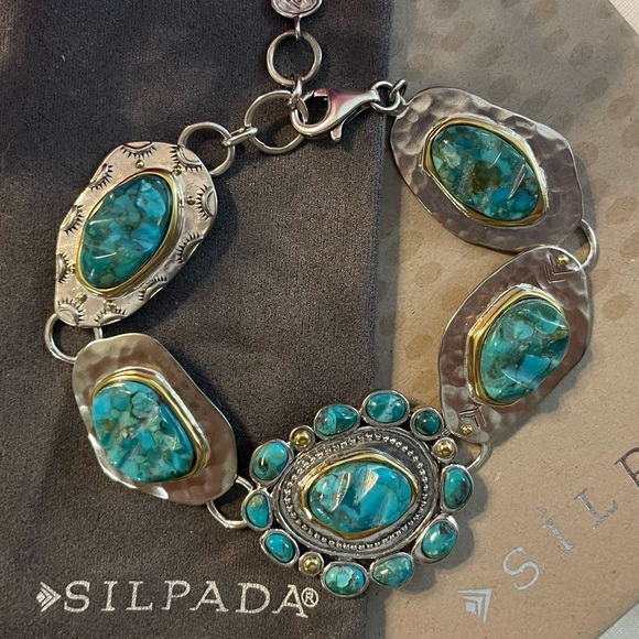 Silpada Turquoise ‘Santa Fe’ Sterling Silver Brass Bracelet NEW B3325 - Picture 3 of 16